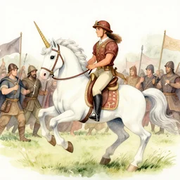 wesley crusher riding a unicorn into battle watercolour