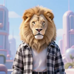 aesthetic portrait commission of a albino male furry anthro lion wearing chequered clothing outfit in a utopian city, ethernal atmosphere. Character design by charlie bowater, ross tran, artgerm, and makoto shinkai, detailed, inked, western comic book art, 2021 award winning painting