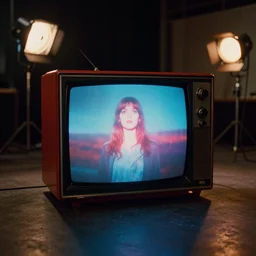 old tv box in a backstage room, analog medium format scene by andrei tarkovsky, surreal fever ray video, rim light, shot at night with studio lights, liminal space, photorealistic, high definition, technicolor, award - winning photography, masterpiece, amazing colors