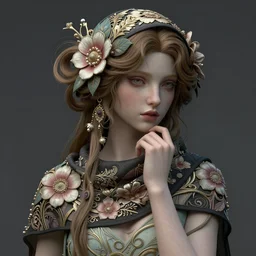thinking girl in summer scarf hair for genesis 8 female, ominous ethereal portrait, art nouveau, fantasy, intricate flower designs, elegant, highly detailed, sharp focus, art by artgerm and wlop
