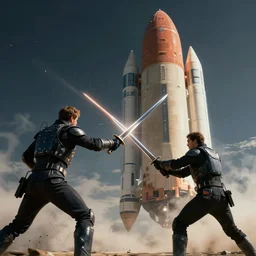 Two spaceships battle each other with swords, cinematic shot, dramatic volumetric lighting, epic composition, 4K Ultra HD
