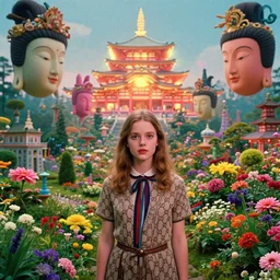 , movie still by wes anderson of a beautiful girl wearing gucci exploring a magical japanese garden of flowers, glowing temple in the distance, floating magical deity heads with gucci headdresses, miniature cities, odd proportions, dreamy vibes, aesthetic feel, cinestill 8 0 0 t eastmancolor technicolor, high quality, very detailed, heavy grain, fine facial features, 8 k, octane render