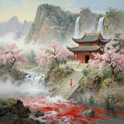 a gorgeous early spring landscape painting by barlowe wayne maxfield parrish and marco mazzoni!! chinese temple. just one lonely chinese boy walks on the winding steps. waterfall from the mountain. ultra clear detailed. 3 d, octane render. turbulent blood lake. fog
