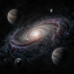a vast dark galaxy with five planets, intricate, highly detailed, digital painting, concept art, illustration, deep dark, artstation, Profound and vast, black