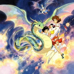 a vibrant emotional key shot of elegant celestial serpent dragons flying through space of time, studio ghibli, pixar and disney animation, sharp, disney concept art maximalist splatter paint illustration by shinji kimura and alphonse mucha and alena aenami, pastel color palette, bloom!!, dramatic lighting