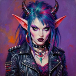 portrait of an apocalyptic demonic goblin witch biker babe character, perfect face, cool pose, psychedelic vibrant colors, futuristic punk rock fashion, oil painting by michael whelan art, sharp focus, realistic, detailed eyes, 8 0 s hair, studded leather jacket, 8 k, artgerm