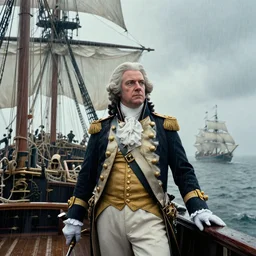 cinematic artwork of nigel farage as an 1 8 th century admiral on a ship with his fleet in the distance by greg rutowski, 4 k, masterpiece, raining