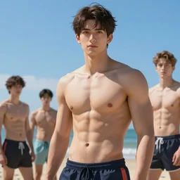 stylized anime digital fit young man in beach, noon blue sky, ruan jia, craig mullins, sakimi, ilya kuvshinov, best selling expert art, global illumination volumetric lighting, realistic shading, highly detailed