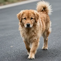 a man like a dog, dog head, furry skin, two legs, walking on the road, photo