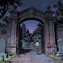 a comicbook illustration titled in front of the cemetery gates, moody, sharp, night, exquisite, vibrant colors, ultra wide angle, masterpiece, cinematic, high detail, by karl kopinski, by kim jung ji