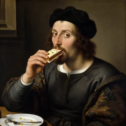 A man eating a twinkie bar in the style of a renaissance painting