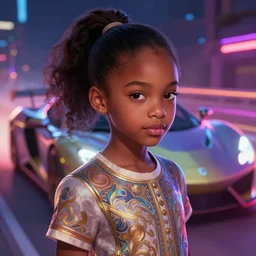 light skinned african american petite girl, innocent face, wearing a gorgeous shirt, ponytail hair, flawless face, beautiful lips, cute face, with a sports car, night life, neon glow, race, speed, lights, lens flare, deep focus, d & d, fantasy, intricate, elegant, highly detailed, digital painting, artstation, concept art, matte, sharp focus, illustration, hearthstone, art by artgerm and greg rutkowski and alphonse mucha, by wlop, cinematic atmosphere
