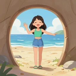 a beautiful girl open a portal to the beach, cartoon style