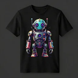 mockup of a black tshirt with a hyperdetailed portrait of a spaced out steam punk robot, 8 k, symetrical, flourescent colors, multicolored,