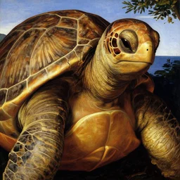 turtle headed human by botticelli, brown skin, classical painting, digital painting, romantic, vivid color, oil painting