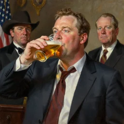 hank hill from king of the hill as the 3rd president of the united states drinking a beer with boomhower, oil painting