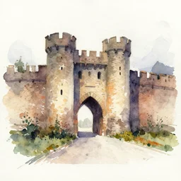 small centered on watercolor paper, paint brush strokes, abstract watercolor painting of medieval city wall entrance, rough rock, heavy port, cinematic light, national romanticism by hans dahl, by jesper ejsing, by anders zorn, by greg rutkowski, by greg manchess, by tyler edlin