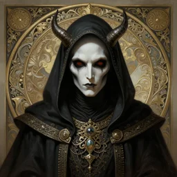 portrait of a satanic grim reaper, detailed face, upper body, decorated, intricate, elegant, highly detailed, digital painting, artstation, concept art, smooth, sharp focus, illustration, art by artgerm and greg rutkowski and alphonse mucha, 8 k