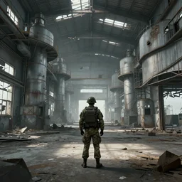 A soldier standing in an abandoned industrial factory, long shot from back, high quality digital art trending on ArtStation