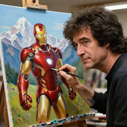 a closeup photorealistic photograph of bob ross at his studio. bob is working on a canvas painting of iron man. mountain scape. film still, vibrant colors. this 4 k hd image is trending on artstation, featured on behance, well - rendered, extra crisp, features intricate detail, epic composition and the style of unreal engine.