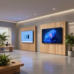 2 0 3 0 s flagship retail interior. experience. telco digital screens phones. wood, polished concrete, neon, ceiling spots. plants. samsung microsoft apple nike adidas tesla muted colors!!!!!!!!!! ( ( ( ( ( ( digital painting by syd mead ) ) ) ) ) )