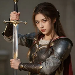digital art of a pretty girl with a long sword in her hands. detailed body, medieval theme, pretty lighting, detailed face, sharp focus, intricate details