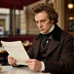 professional fine detailed photo portrait of a man resembling franz schubert sitting at the cafe and reading musical sheet, franz schubert look alike, rich colors, professional iphone photo, 4 k photo, instagram, realistic photo, detailed photo, very beautiful photo