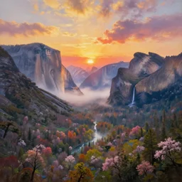 The most beautiful panoramic landscape, oil painting, where the mountains are towering over the valley below their peaks shrouded in mist, the sun is just peeking over the horizon producing an awesome flare and the sky is ablaze with warm colors and stratus clouds. A giant dreamy waterfall separates the valley and the trees are starting to bloom in a great variety of colors, by Greg Rutkowski, aerial view