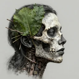 a womans face in profile made of leaf skeleton and twigs in face in the style of the beeple and wlop, octane render, trending in art station, charcoal, beautiful