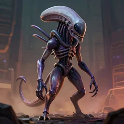 mewtwo portrayed as the xenomorph by ralph horsley, rossdraws, matte painting, stylized background, cinematic lighting, maya, pixar, unreal engine, artstation