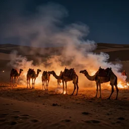 smoke fires around the camels at night, dune 4 5,