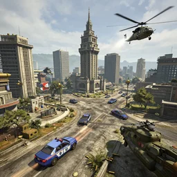 arma 3, battlefield 5, gta 5, unreal engine, octane render, environment, game environment, environment render, city, battle, towers, crossover, cars, police, bullets, missiles, army helicopters, cinematic, epic