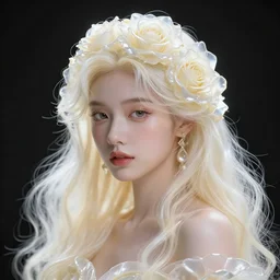 wonderful princess with a clear skin ornate of cream liquid semi transparent roses, 8 k gorgeous delicate cream detailed, accent white lighting, dramatic light, octane render
