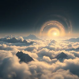 a beautiful digital render of a swiss landscape with mountains becoming clouds spiraling into a nebula, fog, dark, volumetric lighting, tall mountains in the background, starry night, very detailed, cirrus, washed out colors, intricate detail, ultrarealistic, master level composition, raytracing effects