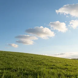 late afternoon drifting, sunny afternoon blue slightly cloudy sky grassy green hill