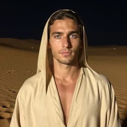 photograph of a man with light - brown skin, blue eyes, short dark hair, and freckles wearing a sandy desert robe standing in a desert at night, photography, portrait, natural lighting, sunlight