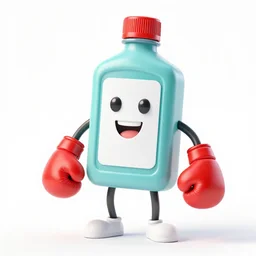 bottle of soap, personified, with arms and legs and face, wearing boxing gloves, cartoon, illustration, high - quality, detailed
