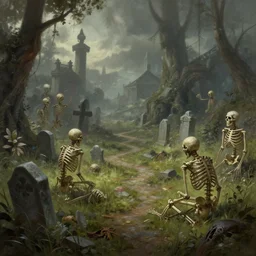 a fantasy graveyard with skeletons, by greg rutkowski, digital art, realistic painting, fantasy, very detailed, trending on artstation