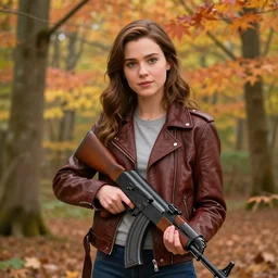 disney princess - style young adult woman in a leather jacket in a maple forest holding an ak 4 7, disney pixar movie still, high detail, natural light, ray tracing, trending on artstation, 4 k ultra hd blu ray