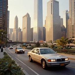 detailed intricate digital landscape illustration by greg rutkowski and artgerm and wlop and sanford robinson gifford ; 1 9 9 4 car driving in beautiful windy city with moving cars and tall skyscrapers in background ; 1 3 mm film, arri alfa anamorphic lens, long exposure ; sharp focus, golden hour lighting, trending on artstation 4 k ; close view