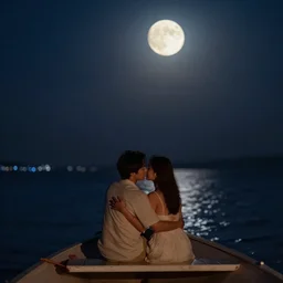 two lovers embracing on a small boat at night with a full and amazing moon, distant light twinkles, beautiful, romantic