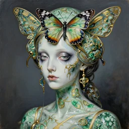 ceramic sharp focus extremely hyperrealistic horrifyingly beautiful 3 / 4 portrait oilpainting of bug lady of the skull butterfly portrait by michael hussar in style of michael hussar and rene lalique modern metropolitic artnouveau ceramic high - quality botanical effect gild strips like ali franco's paintings of greenish marble abalone colors 8 k