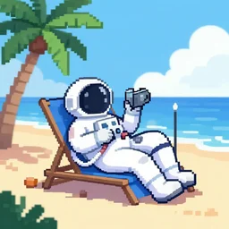 an astronaut lounging on a tropical beach. pixel art