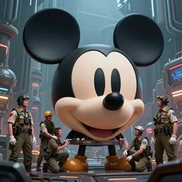 a group of pilots working on a big mickey mouse head who as meat in it, cyberpunk art by rube goldberg, beeple, cgsociety, serial art, dystopian art, reimagined by industrial light and magic, vfxfriday