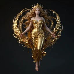 Hyper realistic portrait of a surreal goddess floating in the dark night, gold dripping in spiral, Mistic ambient, ultra super good realistic 3D render by Pete Morbacher and Emil Melmoth, insanely detailed, trending on artstation, sharp focus