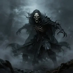 wraith, undead, dynamic pose, skull, terrifying, dark, fog, art by brom