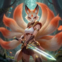 ahri!!!!!!, by yuumei | by wlop | fantasy | handbok!!! | holding a glowing sword | mystical forest | kitsune | digital | very detailed | by natalie shau | portrail | the nine - tailed!!! fox | league of lengeds