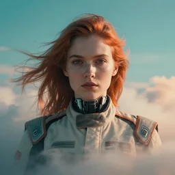 symmetry!!! closeup portrait! of a cyborg girl, racer jumpsuit, in clouds, cinematic light, windy, teal orange, volumetric smoke, by gerald brom, by mikhail vrubel, by peter elson, muted colors, extreme detail, trending on artstation, 8 k