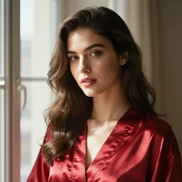 a stunning brunette, wearing a silky red robe, sunlight shining through, standing near a window, closeup headshot, cinematic, by wlop