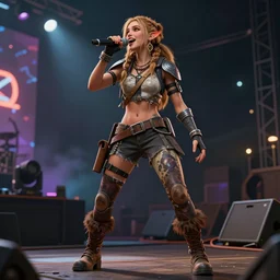 highly detailed full body character art of a rock star (((who looks like Aloy from Horizon: Zero Dawn))) singing at the rock concert, full body, highly detailed, photo realistic, energetic atmosphere, 8K, octane render, unreal engine